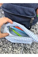 زیپ قابل شستشو Gingham آبی مداد مدادی تک چشمی کیف مدادی کیف لوازم آرایش-thumb