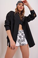 Trend Alaçatı Stili Kadın Siyah Oversize Uzun Dokuma Gömlek ALC-X6828
