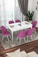 Table White Marble Patterned Chairs Purple