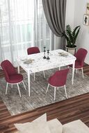 Table White Marble Patterned Chairs in Burgundy
