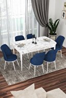 Table White Marble Patterned Chairs Navy Blue