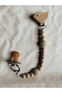 زنجیر پستانک کودک چوبی طبیعی با جزئیات پرنده و ریزه بافت کرم-thumb