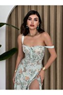 لباس یقه بدون بند یقه نعنایی طرحدار گلدار قد ممتاز-thumb