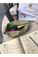 جا مدادی تک چشمی زیپ قابل شستشو Gingham سبز کیف لوازم آرایش کیف لوازم آرایش-thumb