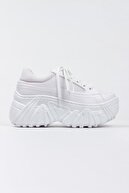 کفش کتانی مشبک روزانه زنانه با زیره بلند سفید بند دار-thumb