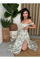 لباس یقه بدون بند یقه نعنایی طرحدار گلدار قد ممتاز-thumb