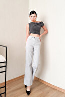 شلوار جین گشاد طوسی نقره ای زنانه جین فاق بلند شلوار جین انعطاف پذیر Palazzo Lycra JESSİCA-2042-thumb