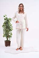 ست لباس خواب بارداری و بعد از زایمان با دکمه در جلو، دور کمر، آستین و پاها با جزئیات قابل تنظیم-thumb