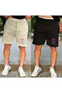 قالب شلوارک اسلیمفیت چاپی طرح پاریس مشکی خاکستری مردانه پارچه نخی شانه دار دو تکه-thumb