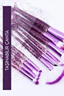 ست 10 تکه براش آرایش با کیسه براق ماهی بنفش شفاف-thumb