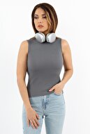 ورزشکار آجدار آستین راست زنانه یقه بسته آنتراسیت نخی-thumb