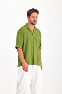 پیراهن تابستانی مردانه بافت گشاد آستین کوتاه پیراهن تابستانی مردانه سبز پسته ای-thumb