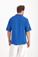 پیراهن تابستانی مردانه بافت گشاد پیراهن آستین کوتاه تابستانی مردانه نیلی-thumb