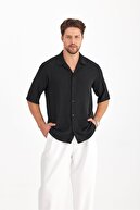 پیراهن تابستانی مردانه بافت گشاد آستین کوتاه پیراهن مردانه تابستانی مشکی-thumb