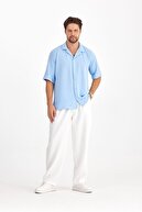 پیراهن تابستانی مردانه بافت گشاد آستین کوتاه پیراهن مردانه تابستانی آبی روشن-thumb