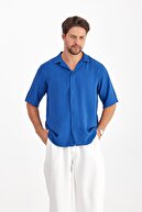 پیراهن تابستانی مردانه بافت گشاد پیراهن آستین کوتاه تابستانی مردانه نیلی-thumb