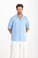 پیراهن تابستانی مردانه بافت گشاد آستین کوتاه پیراهن مردانه تابستانی آبی روشن-thumb