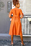 Chiccy Kadın Turuncu V Yaka Düğme Detaylı Kolları Bağlama Detaylı Dokuma Elbise M10160000EL94439