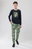 ست لباس خواب آستین بلند یقه گرد پسرانه چاپ نخی 9608 سبز-thumb