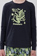 ست لباس خواب آستین بلند یقه گرد پسرانه چاپ نخی 9608 سبز-thumb