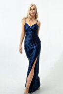 لباس مجلسی بلند پشت سرمه ای زنانه با برش کوتاه-thumb