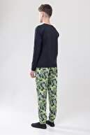 ست لباس خواب آستین بلند یقه گرد پسرانه چاپ نخی 9608 سبز-thumb