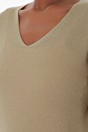 پنبه ای بانوان V- گردن تسالونیکی لباس بافتنی بافتنی قهوه ای قهوه ای 23S1004-thumb