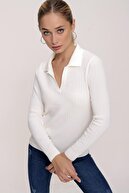 ژاکت بافتنی نازک دنده دار طرح دار راحت یقه پولو زنانه 22wk203-thumb