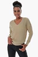 پنبه ای بانوان V- گردن تسالونیکی لباس بافتنی بافتنی قهوه ای قهوه ای 23S1004-thumb