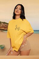 تیشرت زنانه خرگوشی چاپ شده اورسایز سبز تیره-thumb