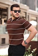 پیراهن یقه یقه ای گره دار قهوه ای راه راه قهوه ای- 2427-thumb