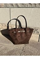 کیف زنانه چرم قهوه ای تلخ چرم دست و شانه با بسته شدن آهنربا و قفل جزئیات-thumb