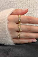 زنجیره قابل تنظیم ظریف طلای سنگ زیرکون ، کمان ، قلب 3 قطعه حلقه زنان-thumb