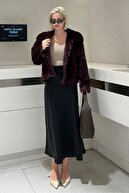 Claret Red Collared Textured Lined Lined Women خز مخمل خواب دار MG2178-thumb