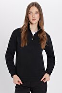 سویشرت یونیسکس ریلکس فیت راحت برش نخی نیم زیپ مشکی یقه بلند-thumb