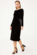 Ekol Kadın Siyah Taş İşlemeli Kadife Elbise