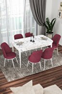 Table White Marble Pattern Chairs in Burgundy