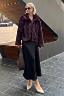 Claret Red Collared Textured Lined Lined Women خز مخمل خواب دار MG2178-thumb