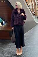 Claret Red Collared Textured Lined Lined Women خز مخمل خواب دار MG2178-thumb