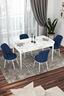 Table White Marble Patterned Chairs Navy Blue