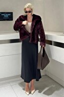 Claret Red Collared Textured Lined Lined Women خز مخمل خواب دار MG2178-thumb