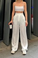 شلوار کتانی پالاتزو زنانه دو دکمه پلیسه دار سفید-thumb