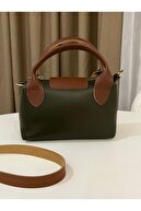 کیف زنانه سایز کوچک دست و شانه با دسته چرم مصنوعی KHAKI-thumb