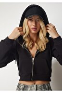 مشکی ، 100 ٪ پنبه ، زیپ 3 تاپ زراعی Cardigan Hooded-thumb