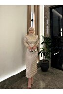 لباس شب مدادی پرلا حجاب بژ-thumb