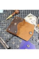 کیف پول جا کارتی چرم اصل، مینیمال، دست ساز، مدل بدون درز با میخ و پرچ، رنگ قهوه ای مایل به زرد-thumb