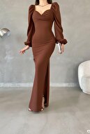 آستین پرنسس قهوه ای با جزئیات چاک یقه عزیزم لباس آستین بلند پارچه کرپ وارداتی-thumb