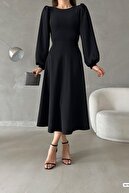 لباس آستین بادکنکی مشکی یقه گرد پایه میدی قد پارچه کرپ وارداتی-thumb