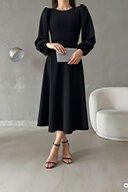 لباس آستین بادکنکی مشکی یقه گرد پایه میدی قد پارچه کرپ وارداتی-thumb