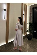 لباس رودخانه ساتن خاکستری با طول میدی به طول میانه-thumb